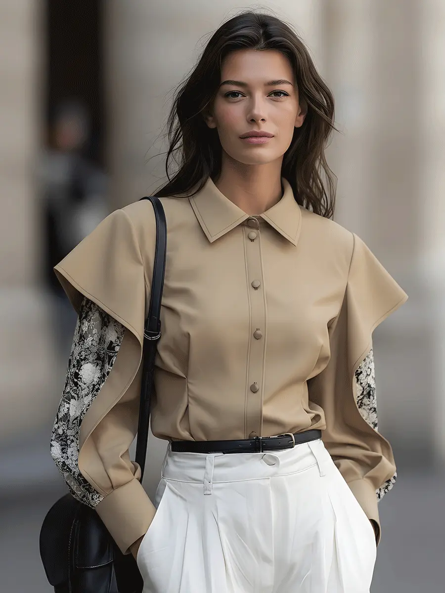 Taupe Button-Down With Draped Overlay Sleeves and Floral Contrast - Blouse CASA LARO