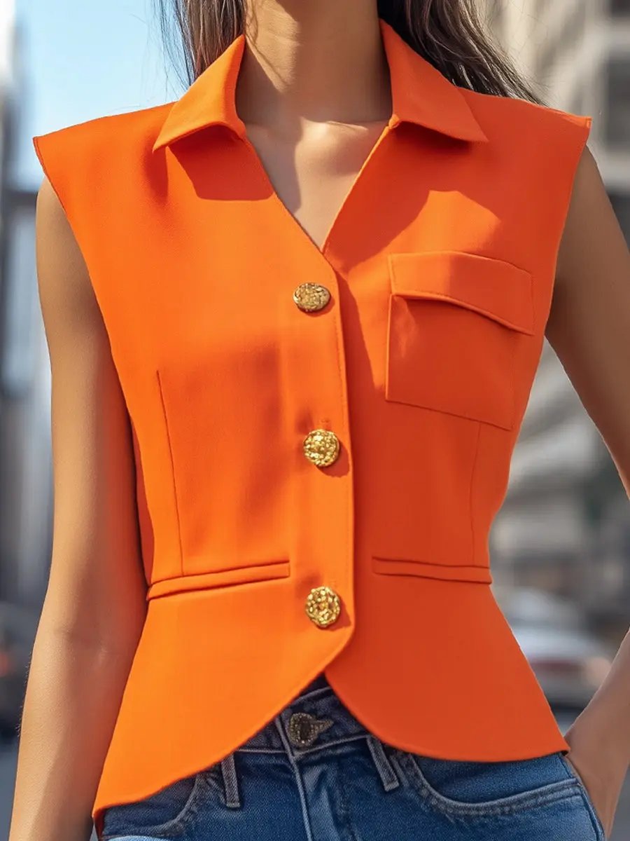 Vibrant Orange Tailored Sleeveless Blazer - Blazer Top CASA LARO