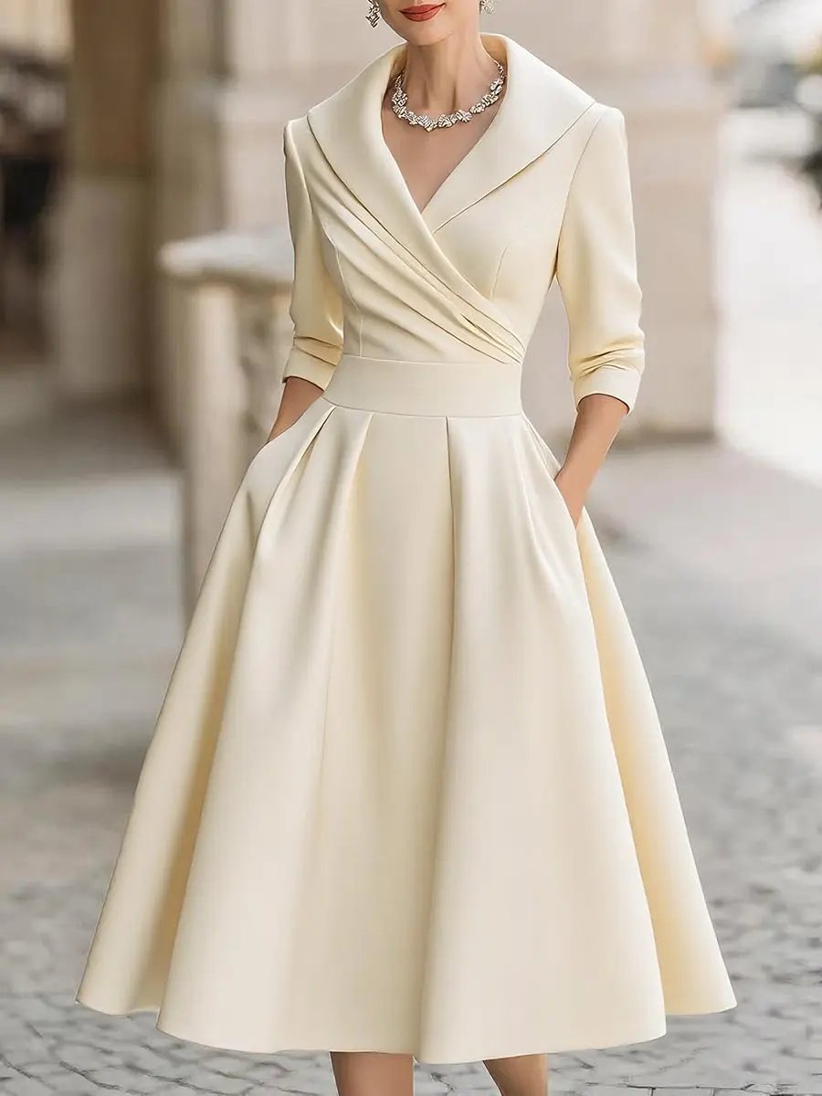 Vintage Satin Draped Collar Elegant Silhouette - Midi Dress CASA LARO