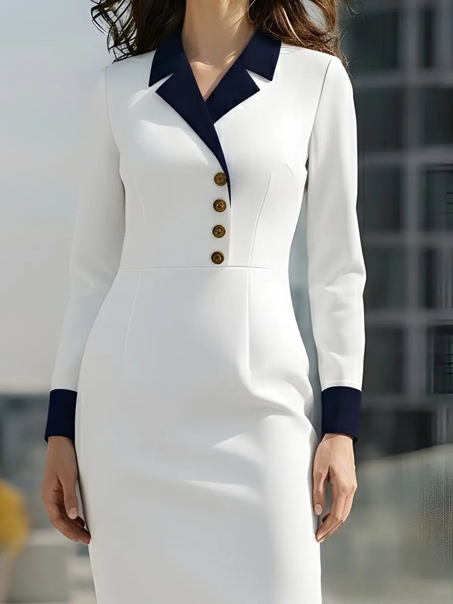 White Contrast Collar Gold-Button Detail - Midi Dress CASA LARO