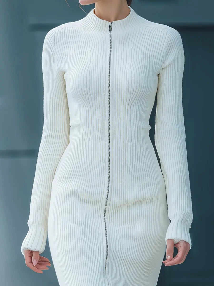 White Ribbed Zip-Front Knit Bodycon - Midi Dress CASA LARO