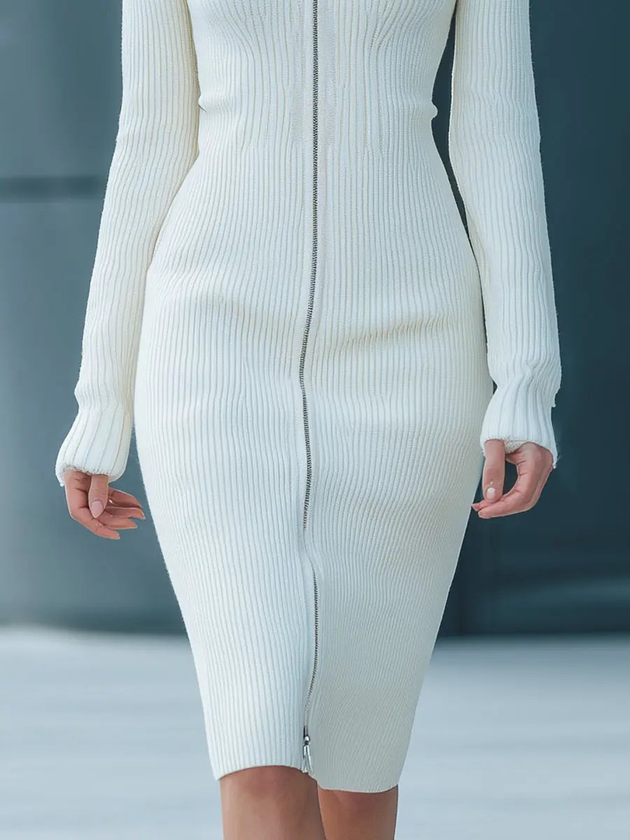 White Ribbed Zip-Front Knit Bodycon - Midi Dress CASA LARO
