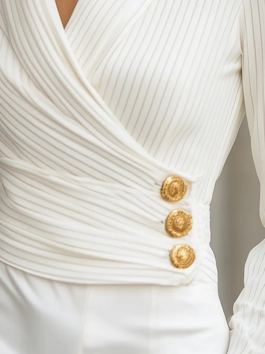 White Striped Pleated Wrap with Gold Buttons - Blouse CASA LARO