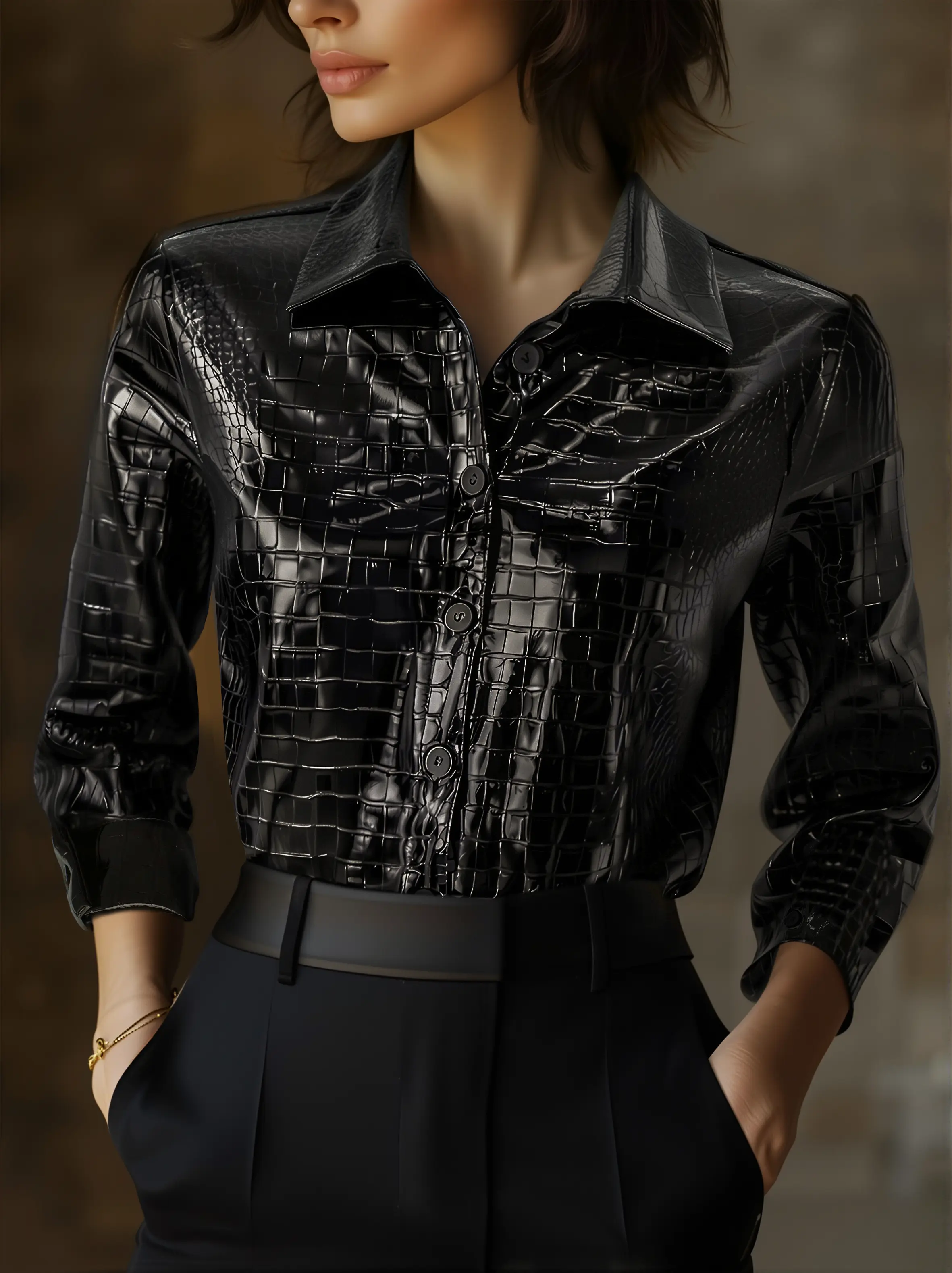 Women's Glossy Black Crocodile-Embossed Faux Leather Button-Down - Shirt CASA LARO