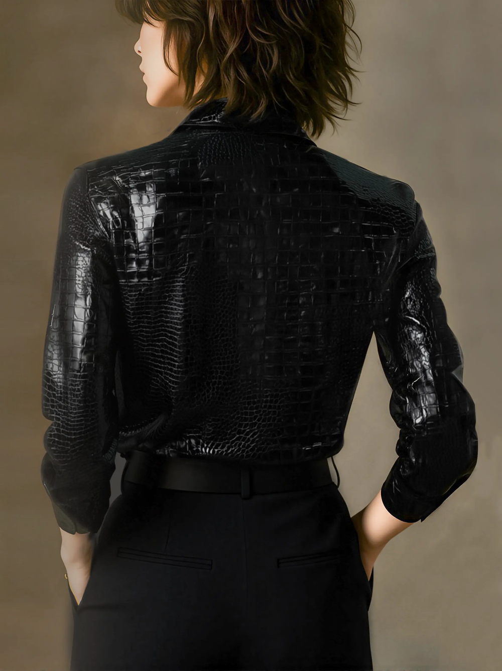 Women's Glossy Black Crocodile-Embossed Faux Leather Button-Down - Shirt CASA LARO