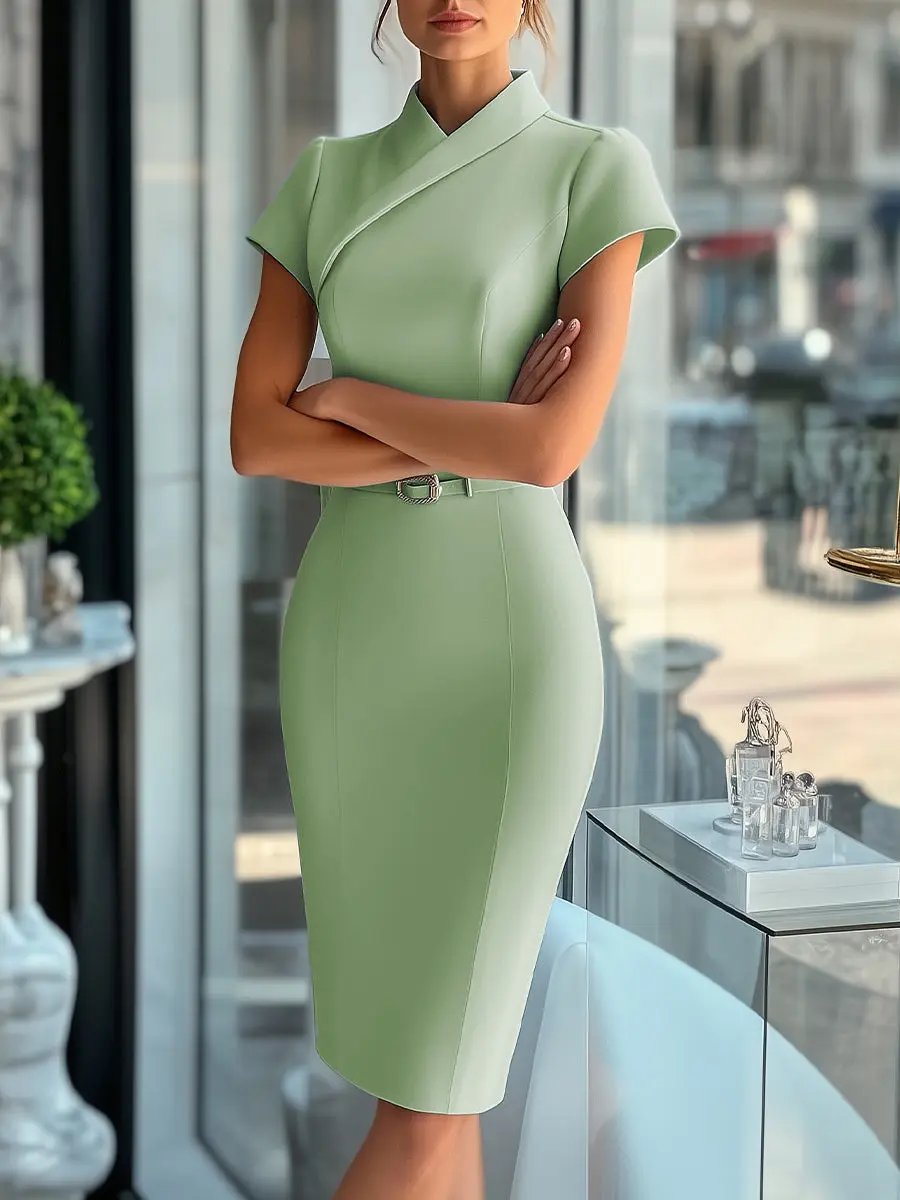 Women's Sky Blue Sleek Asymmetrical Belted Dress - Midi Dress CASA LARO