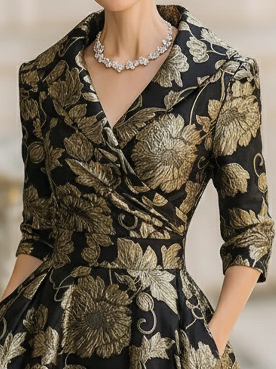 Casa Laro Black & Gold Jacquard Floral Midi Dress HWT