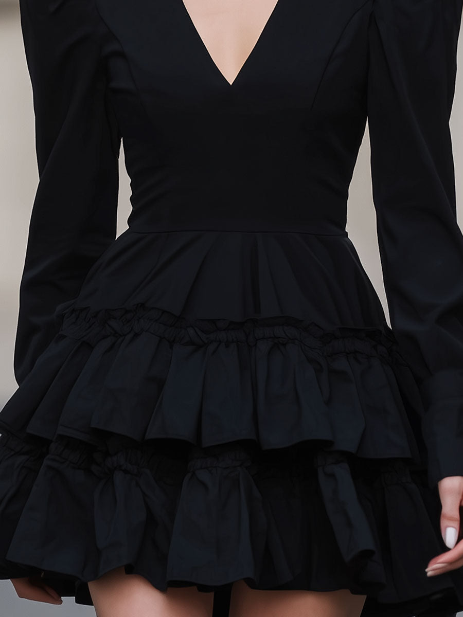 Casa Laro Dramatic Black Puff-Sleeve Tiered Mini Dress SN