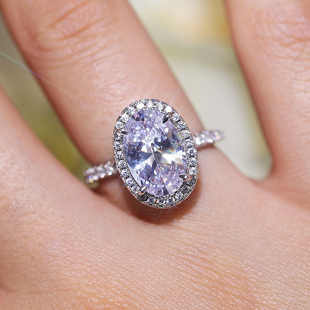 Stunning Oval Cut Halo Design Sterling Silver Engagement Ring Shine of Diamond