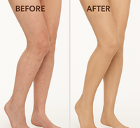 Before and after: legs with the look of spider veins evened and covered with NUELLE Body Perfector