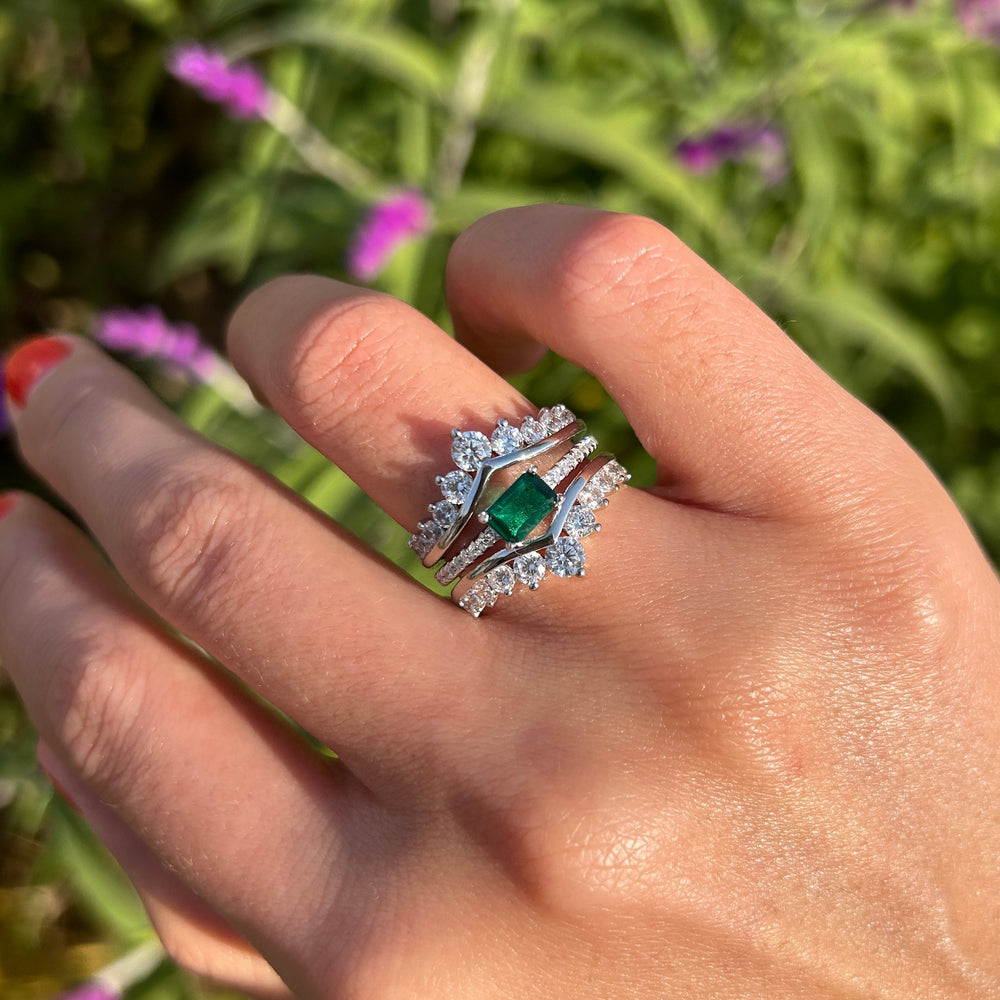 2 Pcs Green Emerald Cut Insert Bridal Sets In Sterling Silver Shine of Diamond