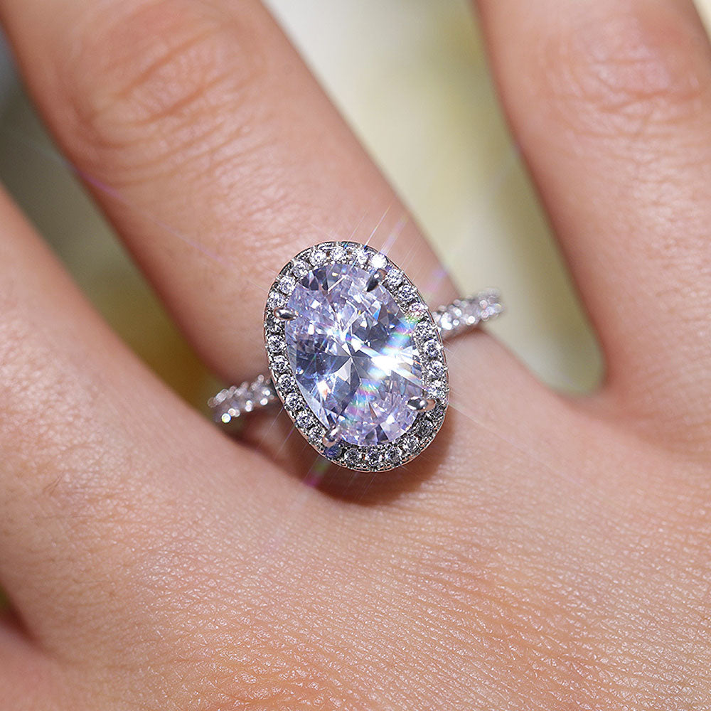 Stunning Oval Cut Halo Design Sterling Silver Engagement Ring Shine of Diamond