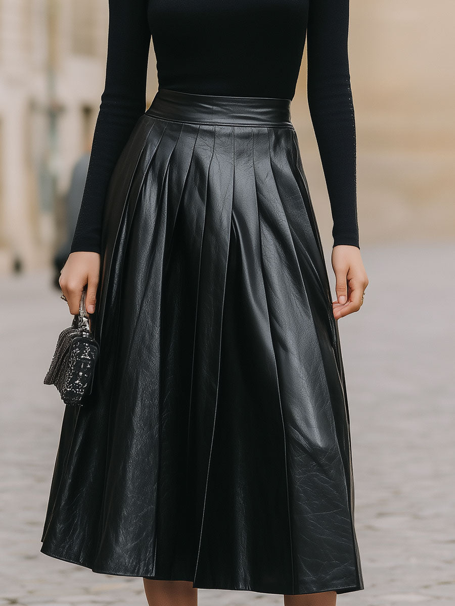 Casa Laro Sleek Black Turtleneck & Leather Pleated Skirt Set SN