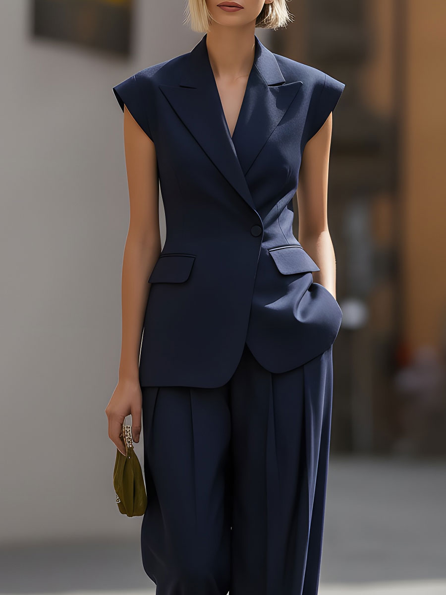 Casa Laro Presents The Sleek Navy Sleeveless Blazer & Wide-Leg Trouser Set SN
