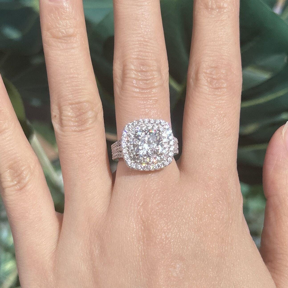 Stunning Double Halo Three Shank Cushion Cut Sterling Silver Engagement Ring hot