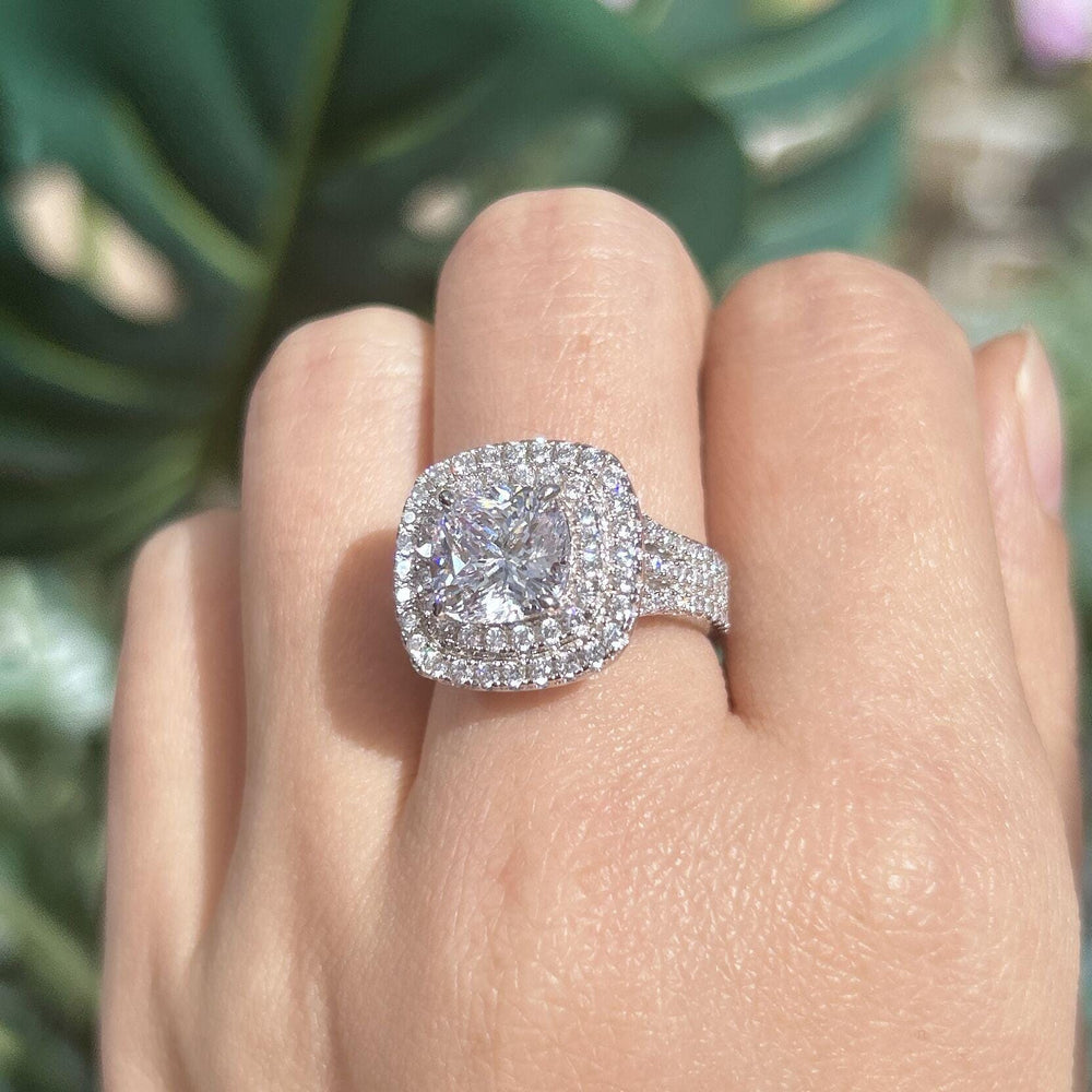 Stunning Double Halo Three Shank Cushion Cut Sterling Silver Engagement Ring hot