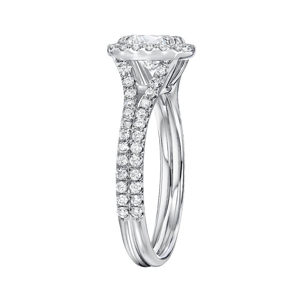 Halo Cushion Cut Split Shank Engagement Ring in Sterling Silver shine of diamond