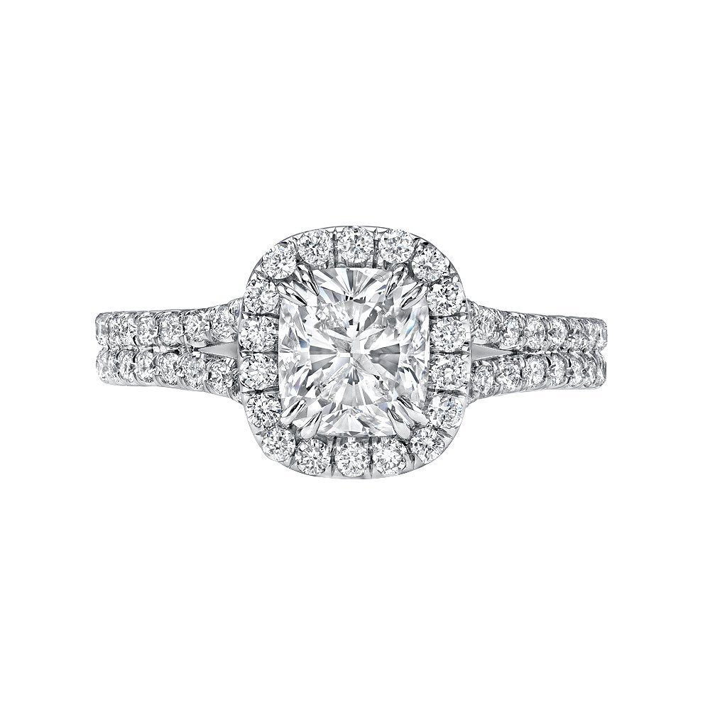 Halo Cushion Cut Split Shank Engagement Ring in Sterling Silver shine of diamond