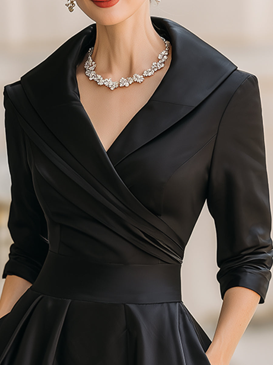 Vintage-Inspired Satin Midi Dress With Draped Collar HWT
