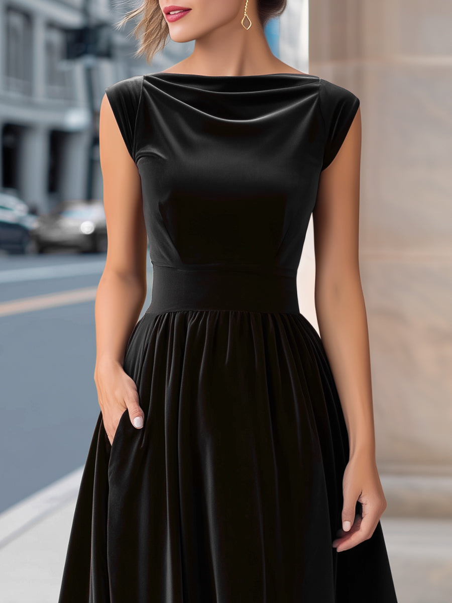 Velvet Boat-Neck Sleeveless A-Line Evening Gown MLZ