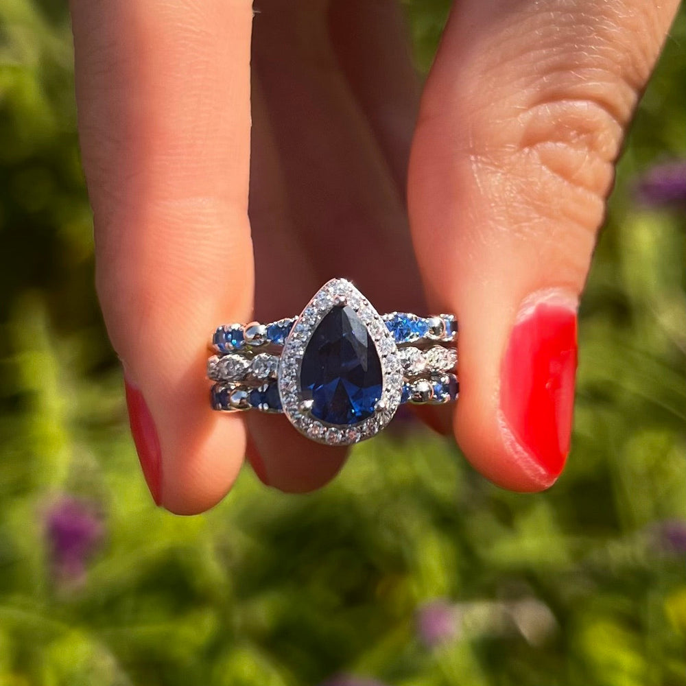 3 Pcs Blue Pear Cut Halo Bridal Set in Sterling Silver Shine of Diamond
