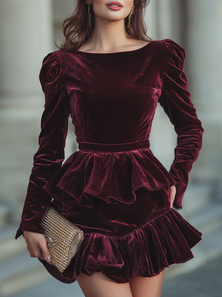 Long Sleeve Layered Ruffle Mini Dress XYS