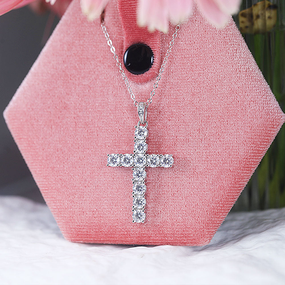 Classic Cross Design Sterling Silver Moissanite Pendant Necklace Shine of Diamond