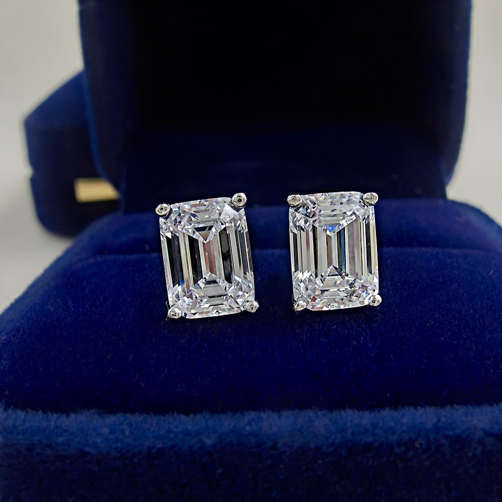 Emerald Cut Stud Earrings In Sterling Silver Shineofdiamond
