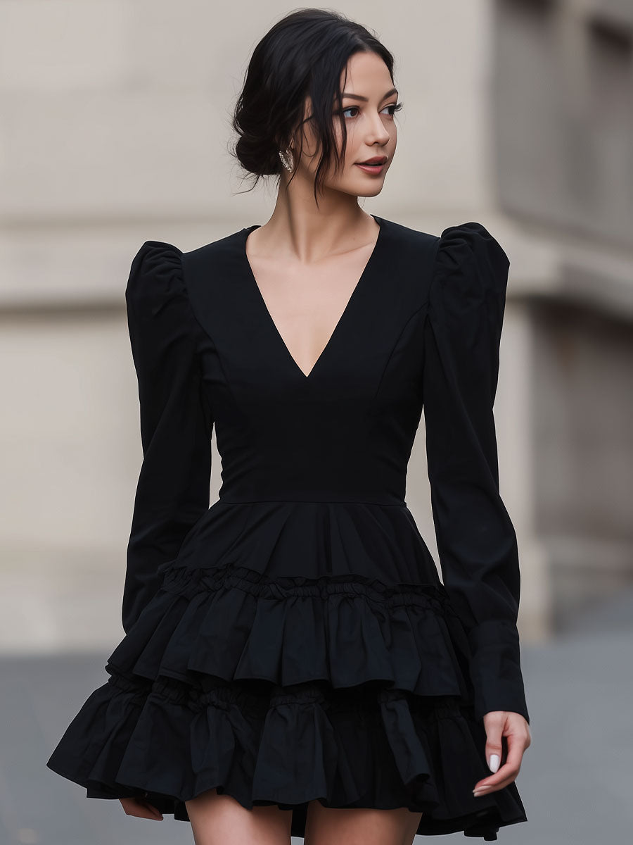 Casa Laro Dramatic Black Puff-Sleeve Tiered Mini Dress SN