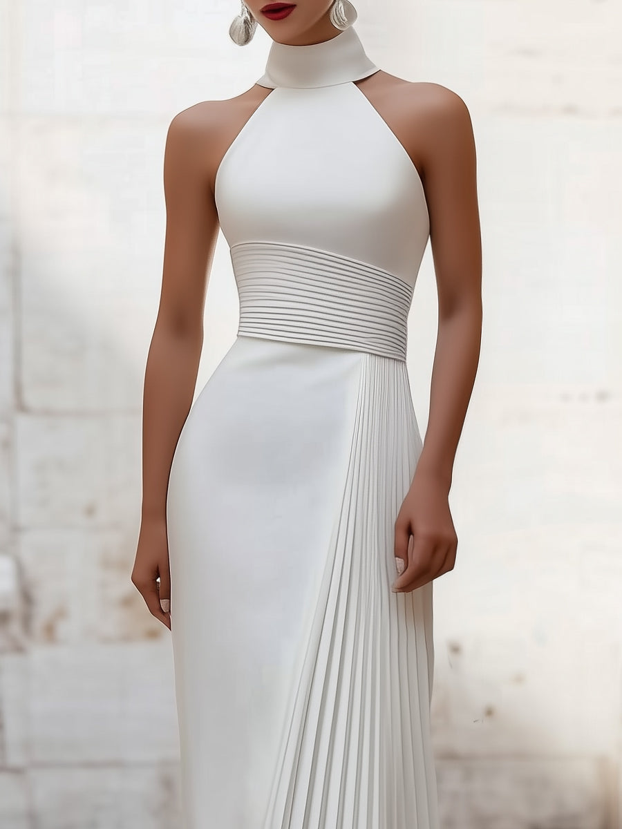Elegant Satin Pleated Halter-Neck Evening Gown MLZ