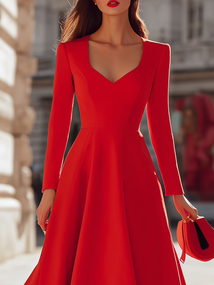 Elegant Red V - Neck Midi Fit - And - Flare Dress SN