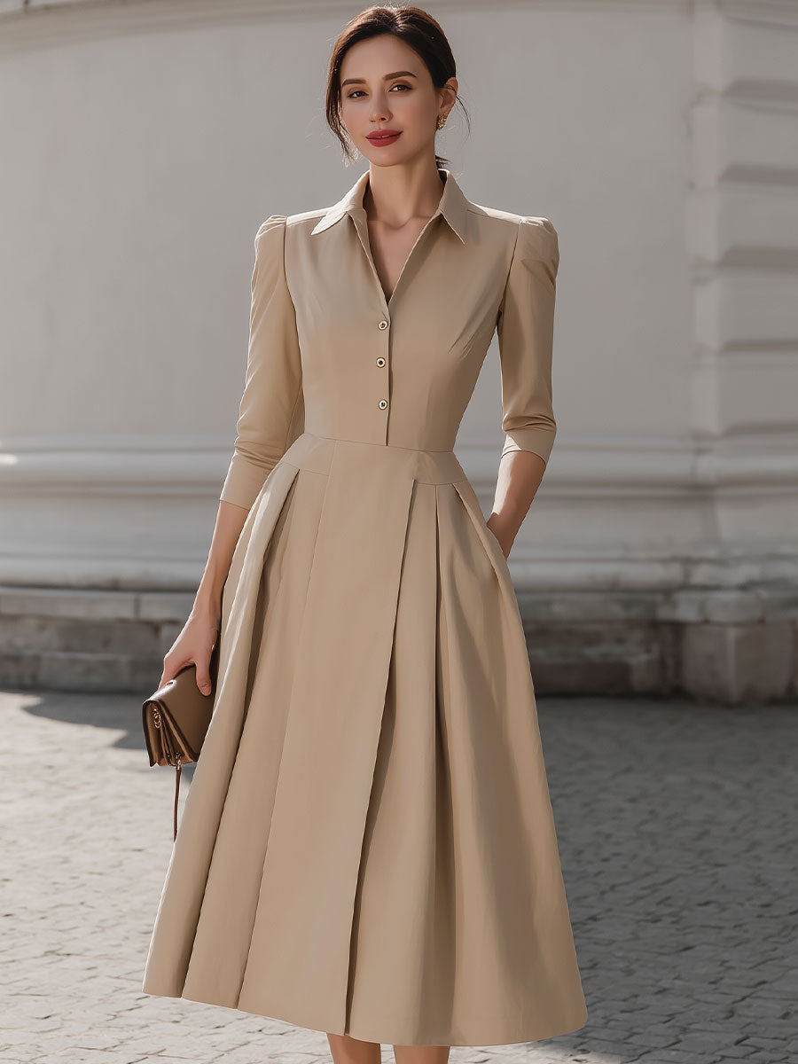 Casa Laro Beige Shirt-Collar Pleated Midi Dress SN