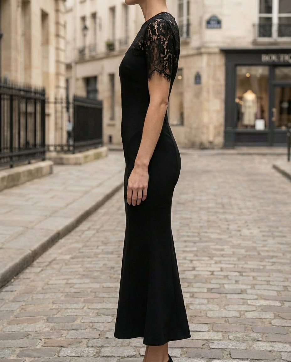 Lace Sleeve Fitted Midi Dress