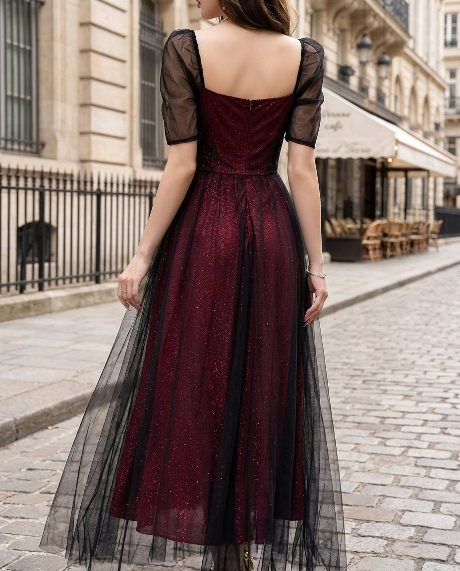 Sheer Puff-Sleeve Lace A-Line Midi Dress