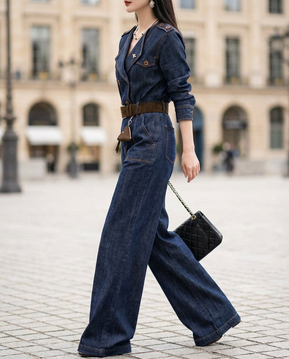 Long-Sleeve Tailored Denim Wide-Leg Jumpsuit