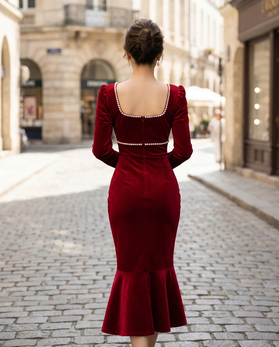 Pearl-Trim Square-Neck Mermaid Midi Dress