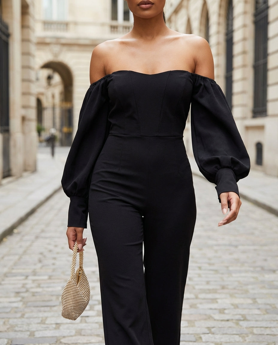 Off-Shoulder Balloon Sleeve Tailored Jumpsuit
