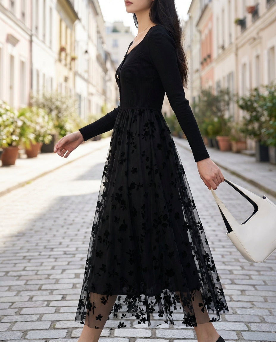 Black Stretch Knit Dress With 3D Floral Embroidered Mesh Overskirt