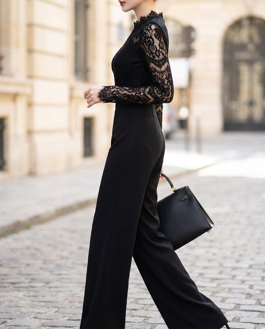 Lace-Panel Long-Sleeve Tailored Jumpsuit