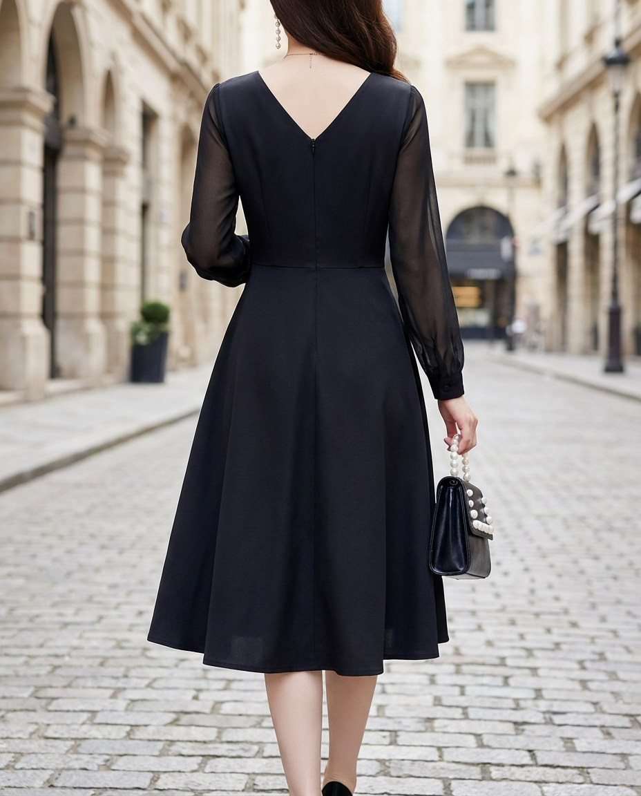 Elegant Wrap Midi Dress With Sheer Sleeves