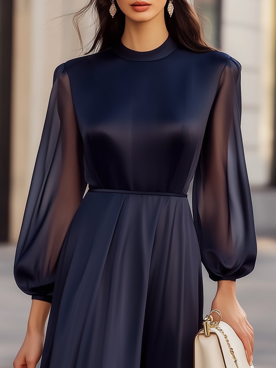 Elegant Navy Chiffon Dress with Sheer Sleeves MLZ