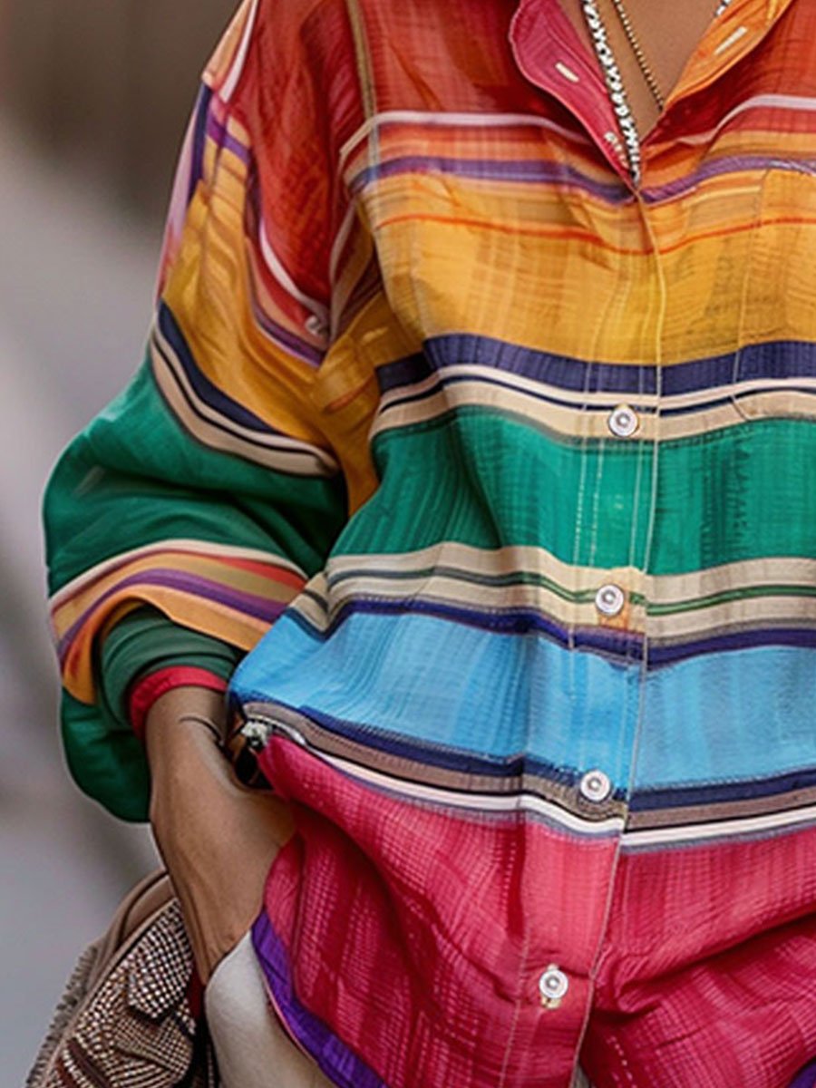 Chic Shirt Collar Rainbow Stripes Linen Blouse HWT