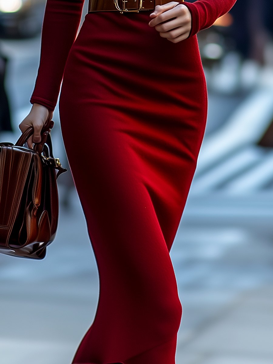 Elegant Red Turtleneck Knit Dress ZJ