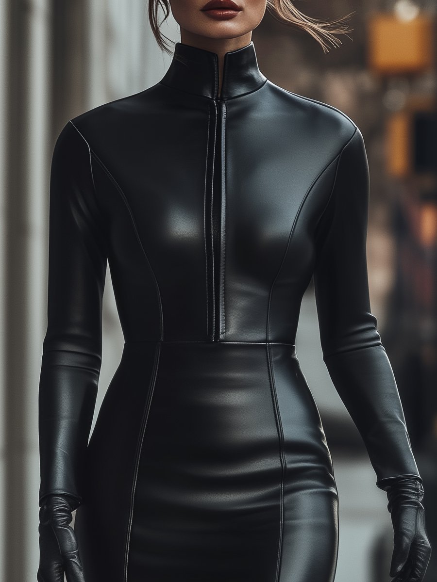 Elegant Black Zip-Up Faux Leather Dress MLZ