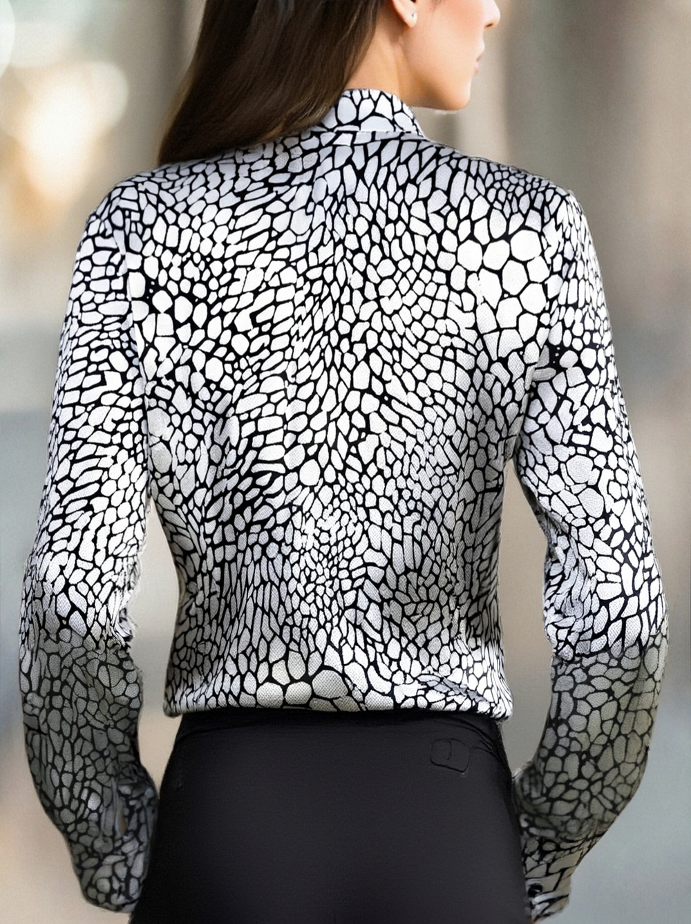 Modern Satin Printed Blouse with Classic Snake Pattern Elegance ZJ