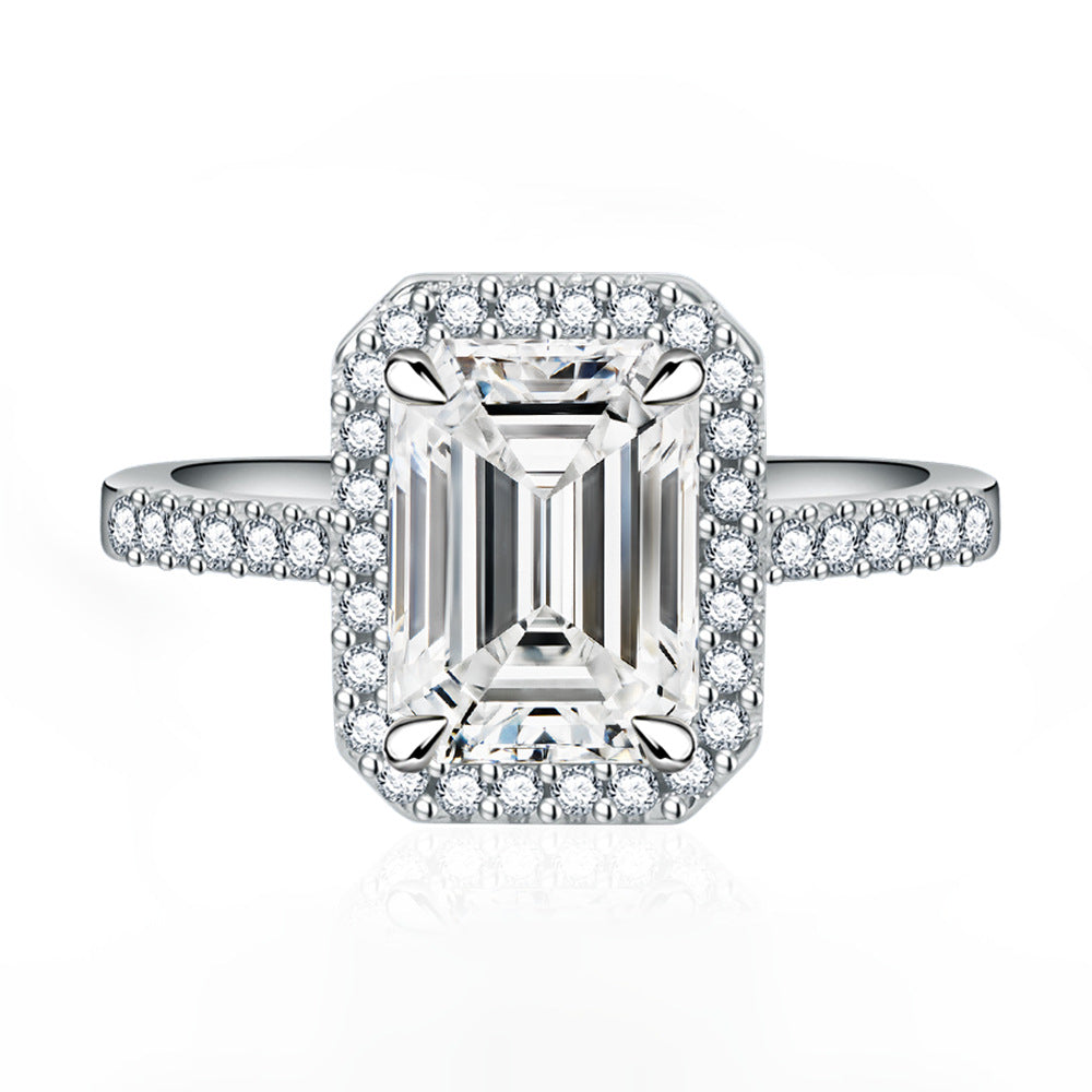 Multi-Color Halo Emerald Cut Engagement Ring In Sterling Silver Shineofdiamond