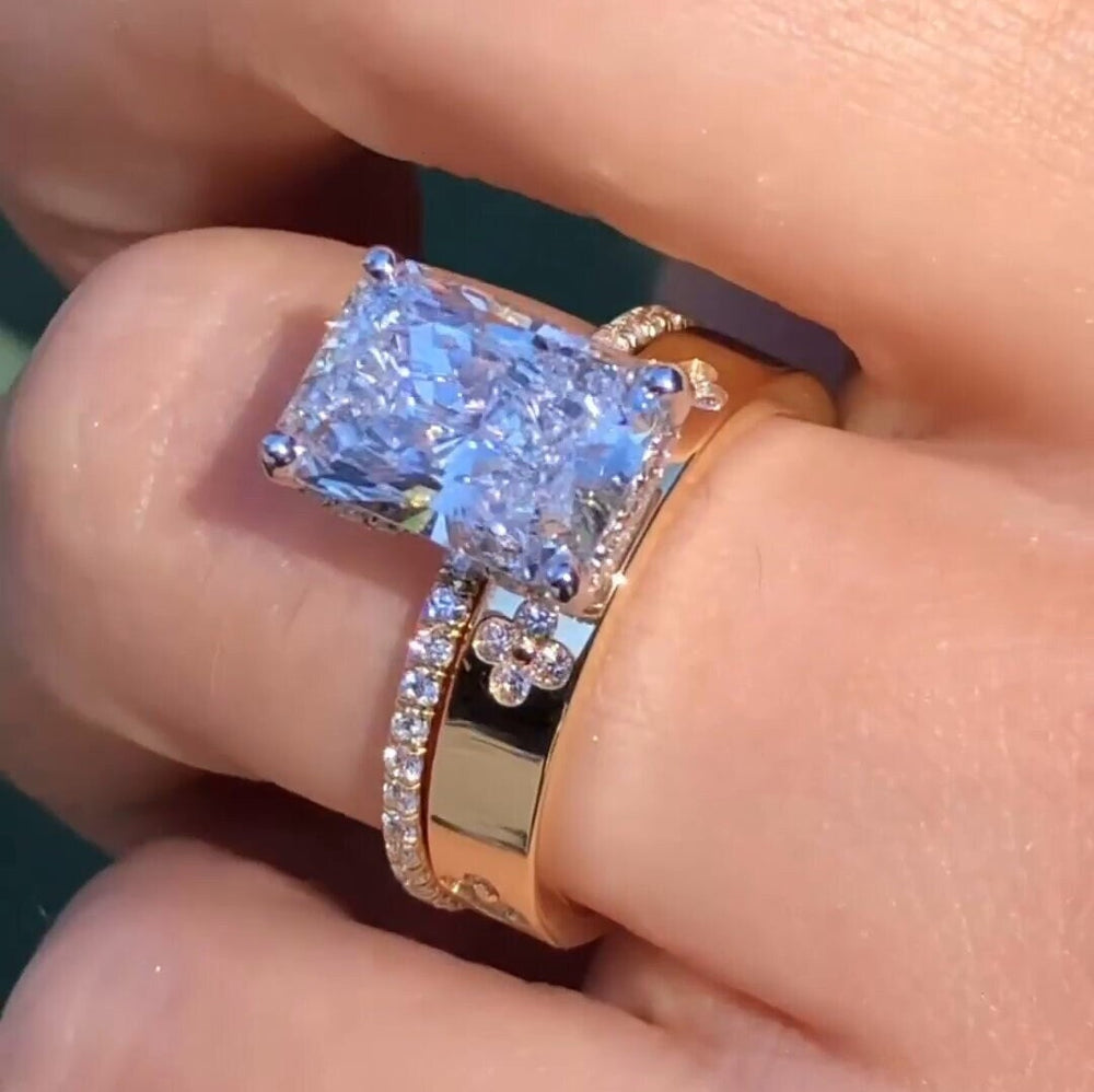 2PCS Radiant Cut Art Carved Bridal Ring Set shineofdiamond