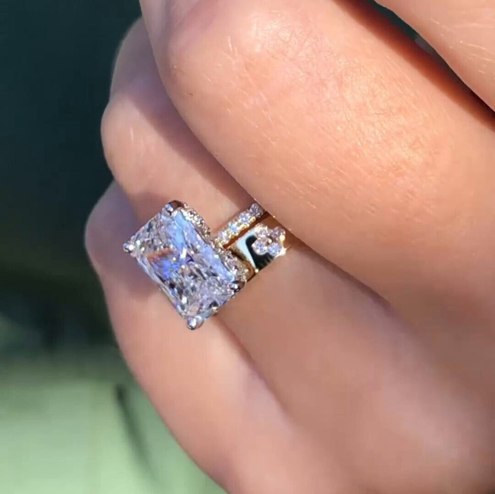 2PCS Radiant Cut Art Carved Bridal Ring Set shineofdiamond