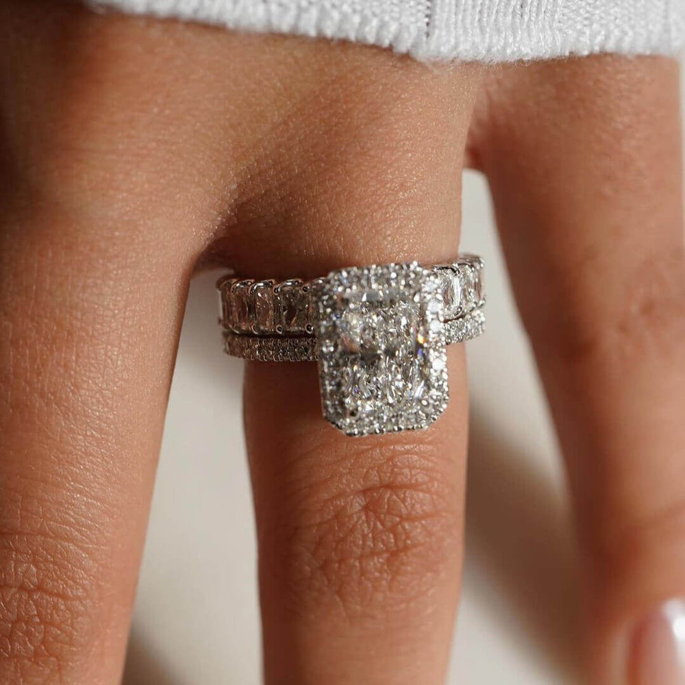 Radiant Cut Halo Engagement Ring & Eternity Wedding Band Shineofidamond
