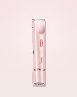 Rosava body trimmer on a soft blush background, ready for a gentle daily shave